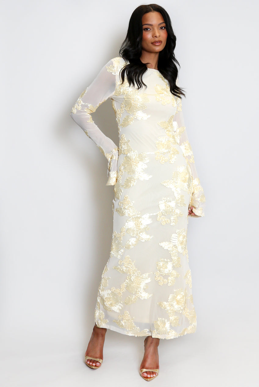Floral Lace Lined Flute Cuffs Midi Dress