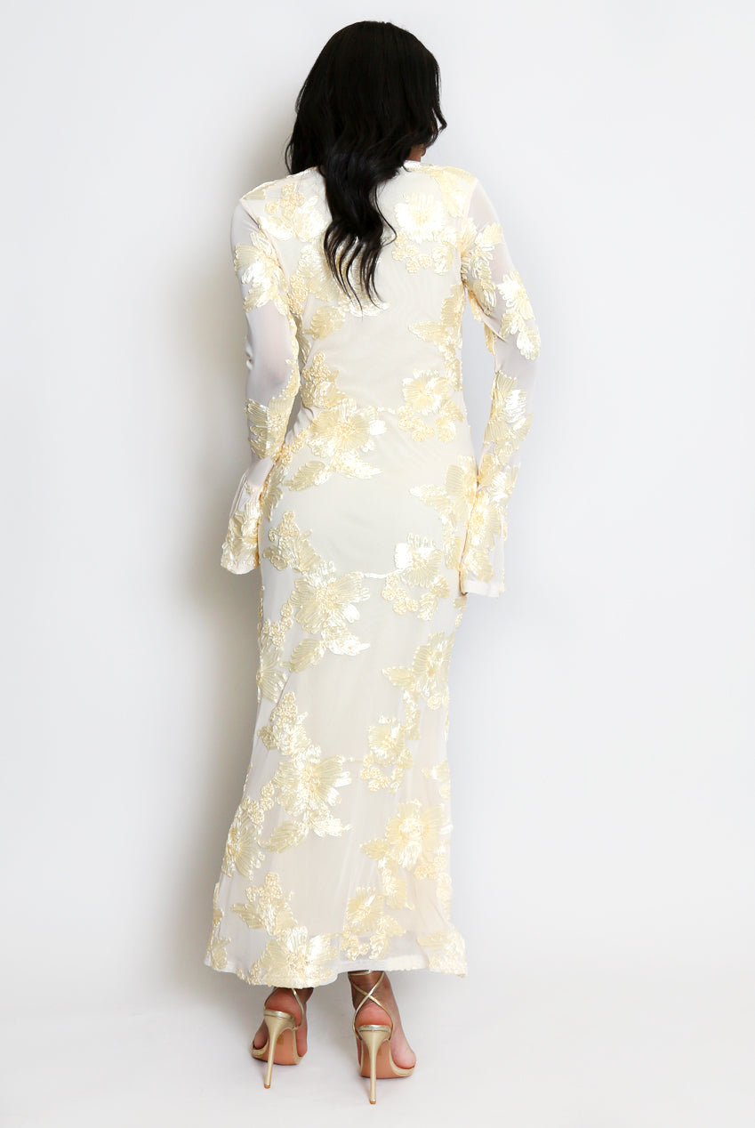 Floral Lace Lined Flute Cuffs Midi Dress
