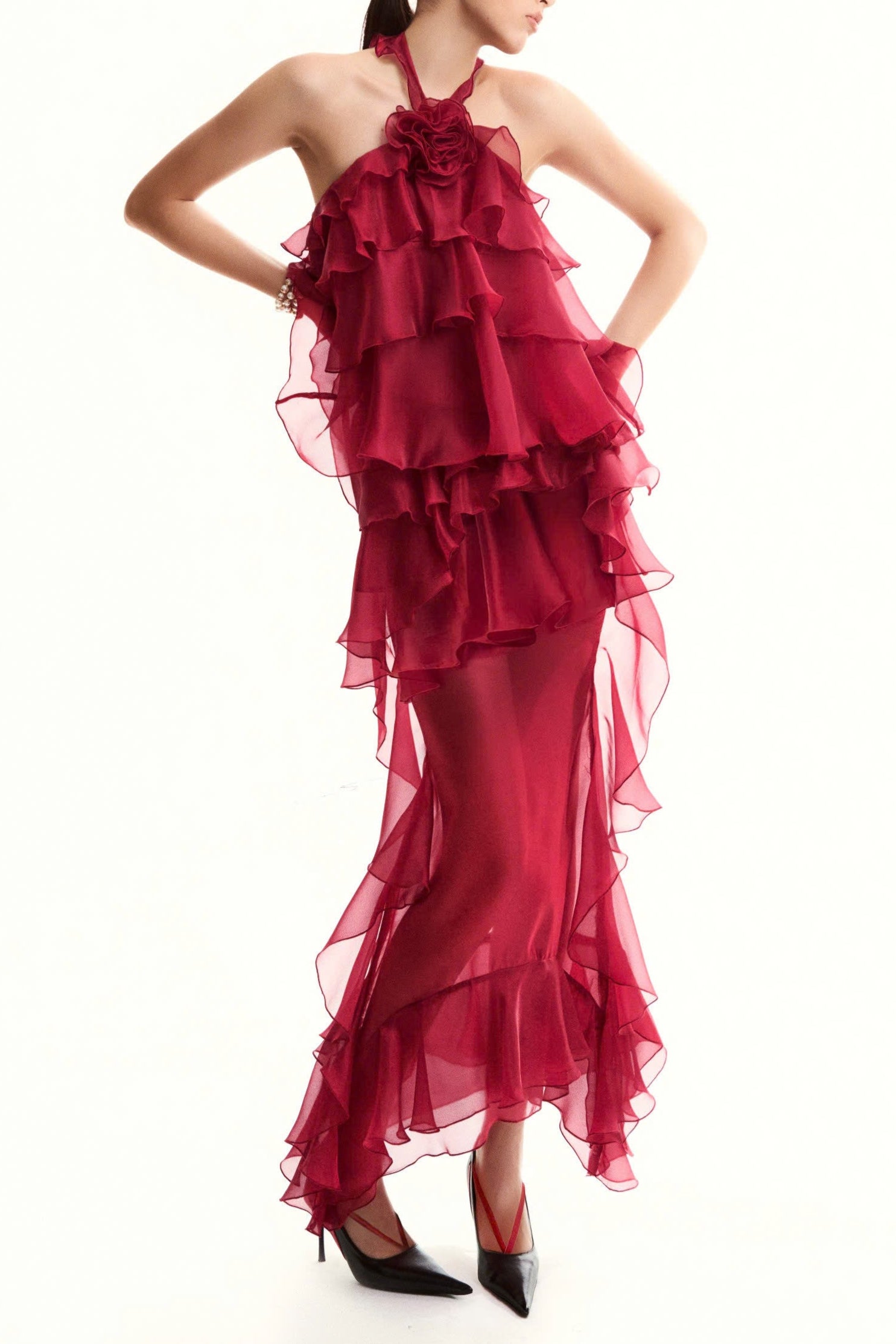 Bedelia Floral Halter Chiffon Ruffle Midi Dress
