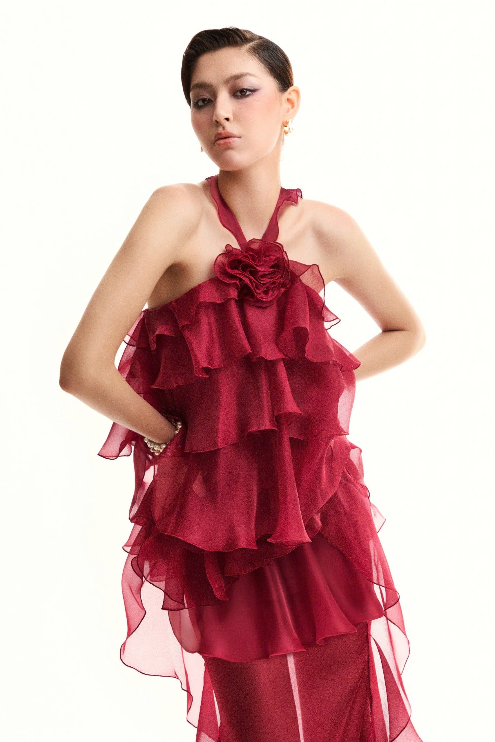 Bedelia Floral Halter Chiffon Ruffle Midi Dress