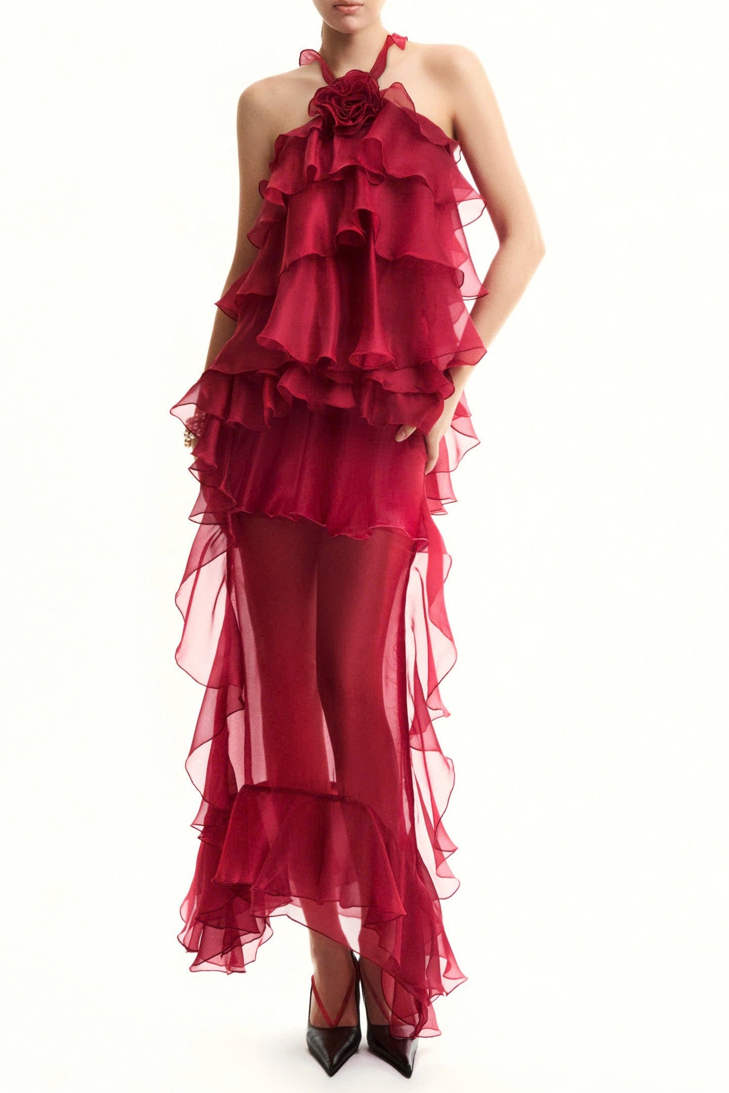 Bedelia Floral Halter Chiffon Ruffle Midi Dress